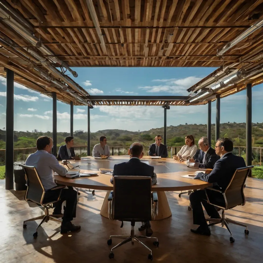 Reunião em sala de mesa oval com vista para área externa