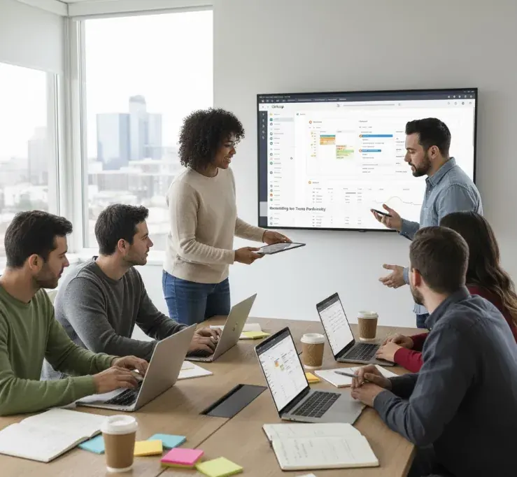 Apresentação de indicadores para a equipe em sala de reunião